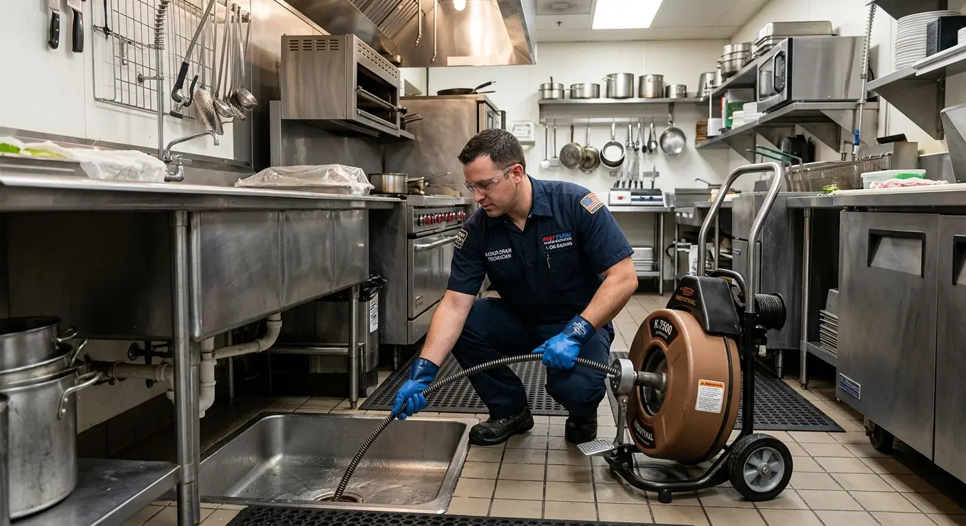 Commercial drain cleaning service in a restaurant kitchen in Hutto