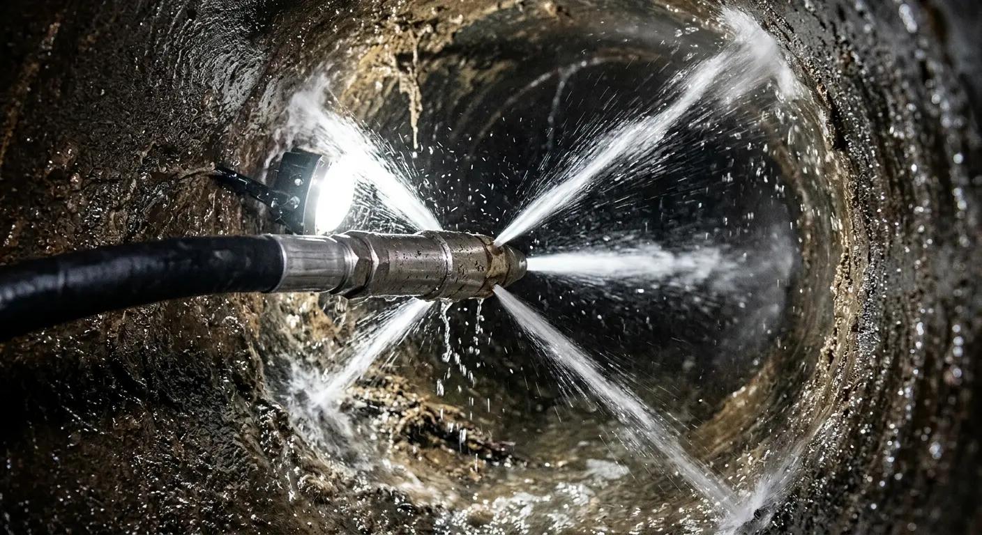 High-pressure hydro jetting nozzle cleaning sewer pipe for Sewer Cleanout in Hutto