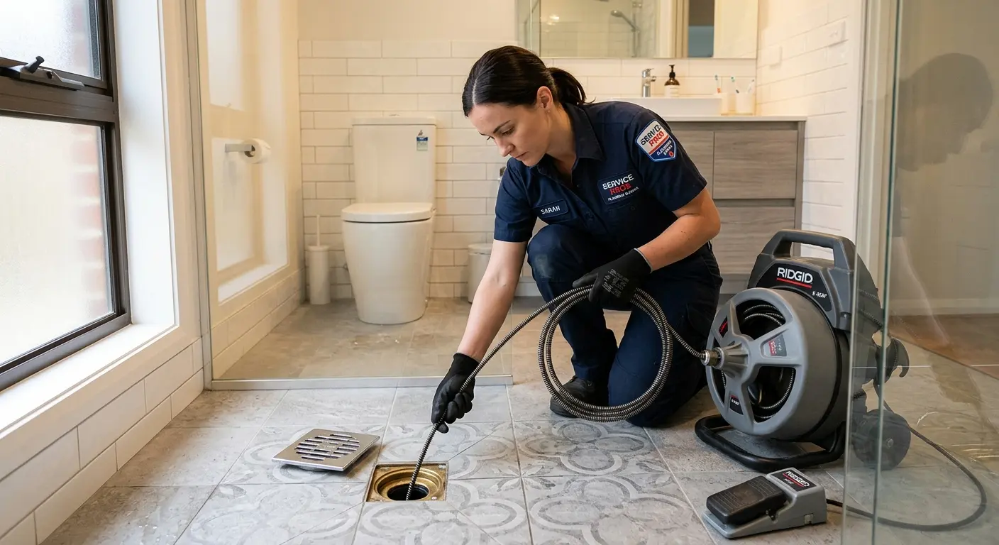 Technician clearing a bathroom floor drain for Sewer Line Replacement in Hutto